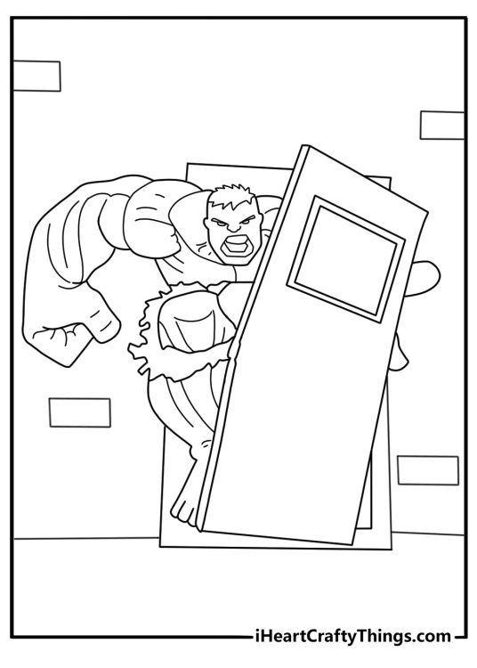 Hulk coloring page for kids with Hulk tearing a metal door open
