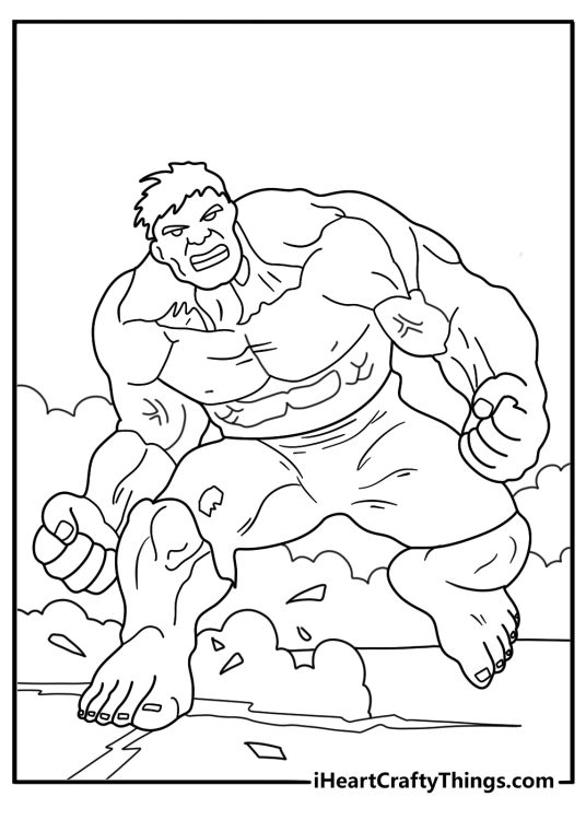 Hulk smash coloring page with cracked ground under heavy feet