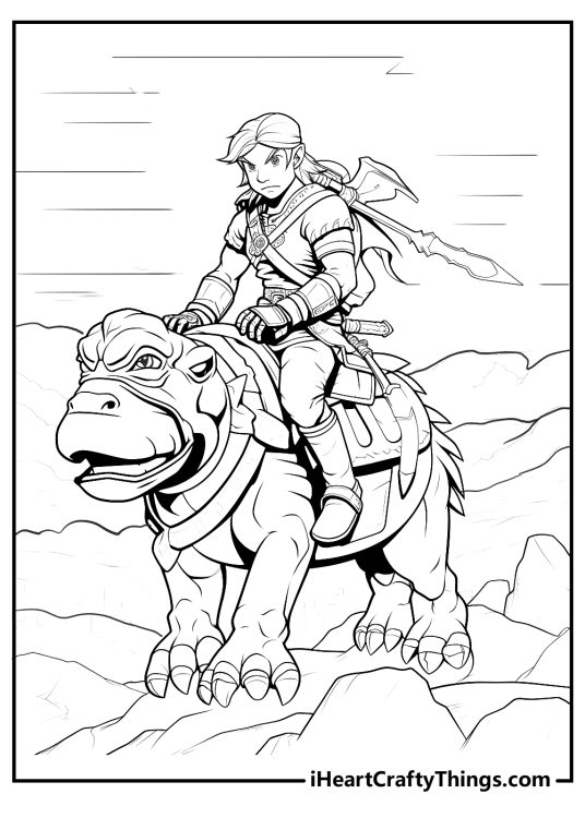 Zelda coloring picture featuring Link riding his mount through some tough terrain
