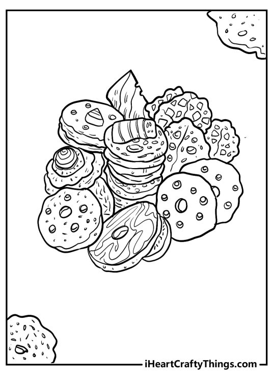 Free printable page to color presenting a big pile of various size and shape cookies