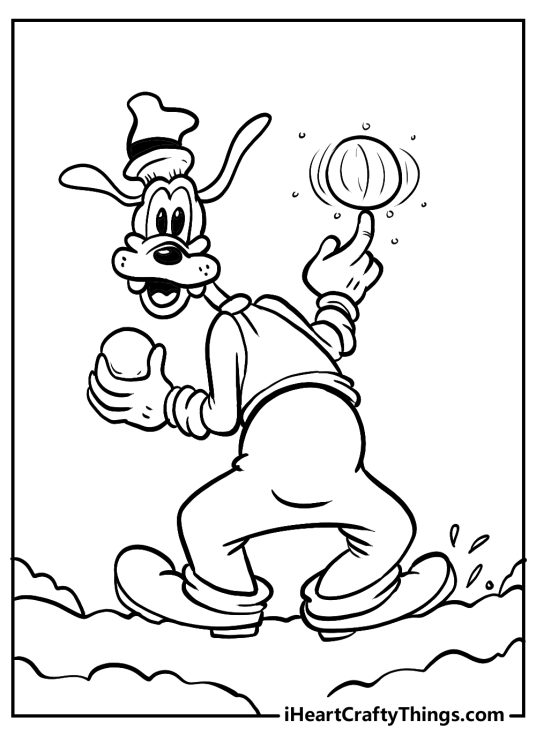 Coloring image for children featuring Goofy pulling off some cool moves with a basketball