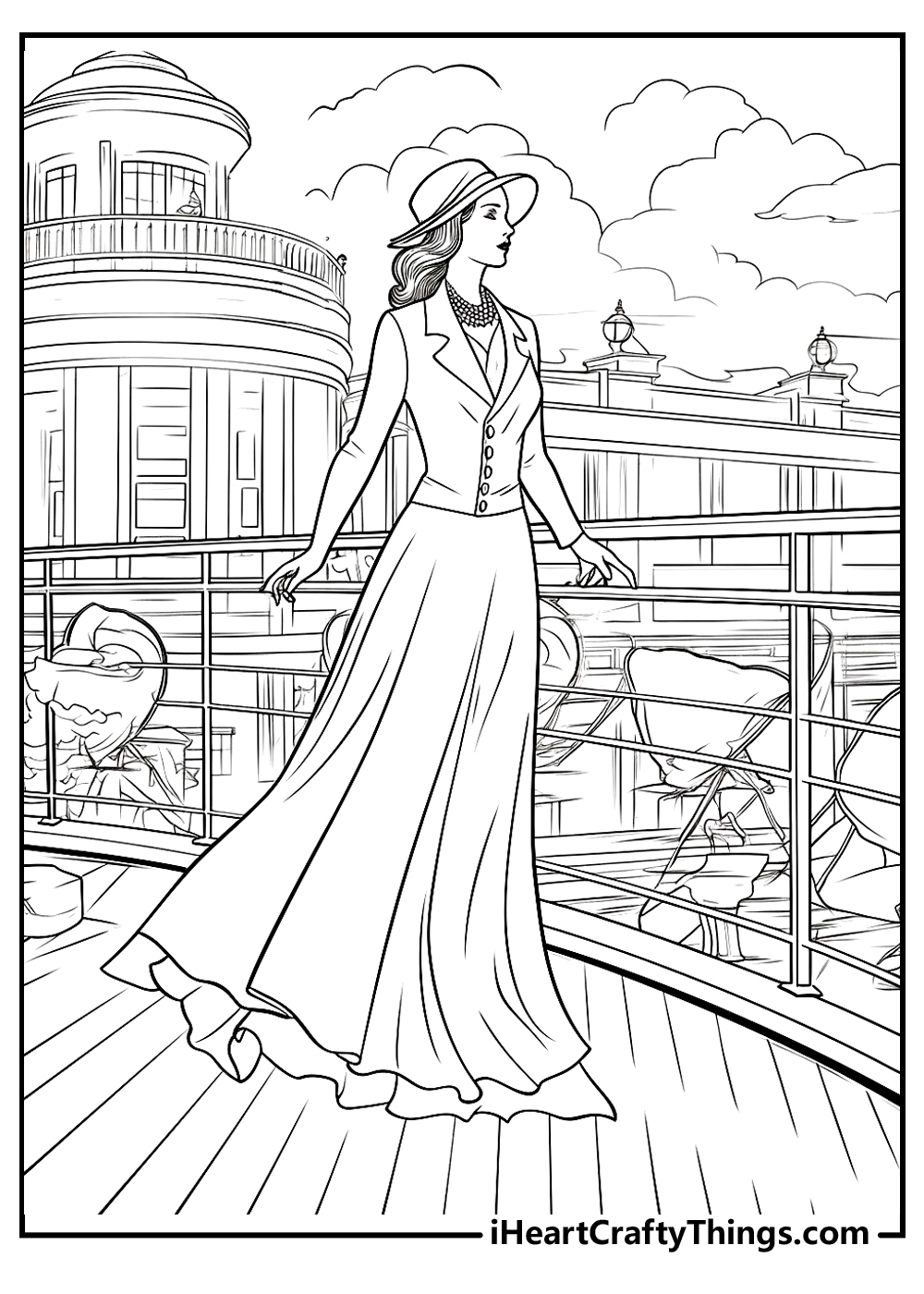 Detailed picture of an elegant lady wearing long dress jacket and a hat posing on the deck of Titanic