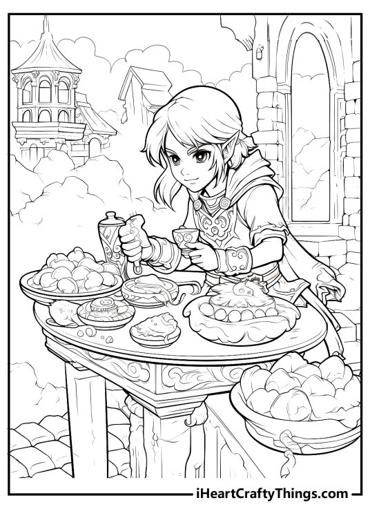 Detailed Zelda-themed coloring sheet featuring Link ready to tuck into delicious meal