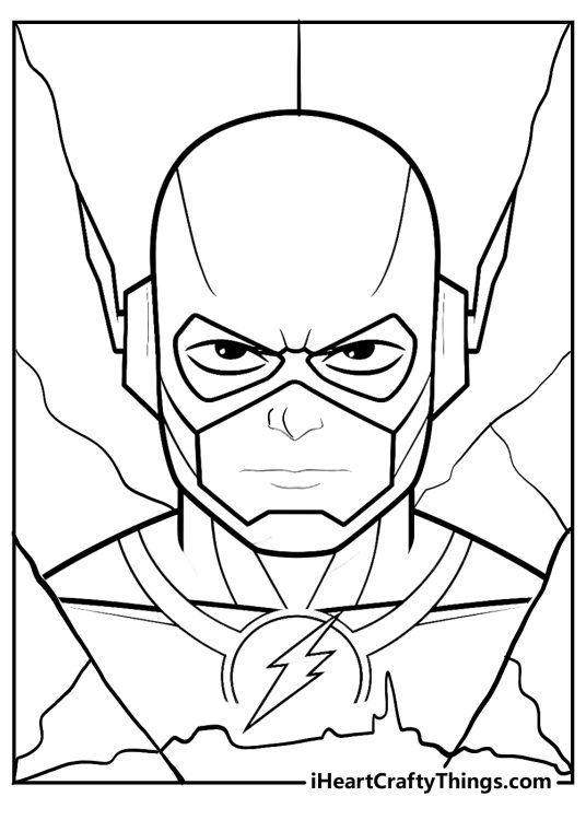 Coloring page featuring a close-up of The Flash with a great look at the details on his mask