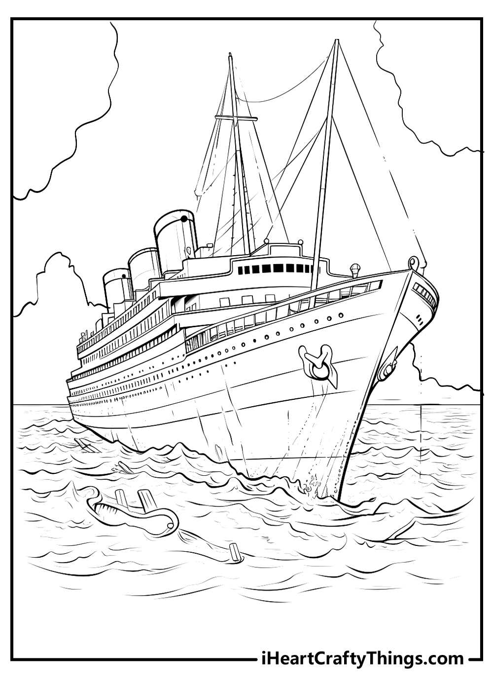 Detailed drawing presenting Titanic making its way through some fairly choppy waters