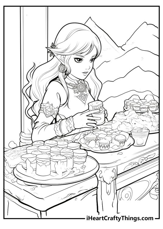 Detailed coloring printable featuring Zelda ready to enjoy a meal with mountains in the background