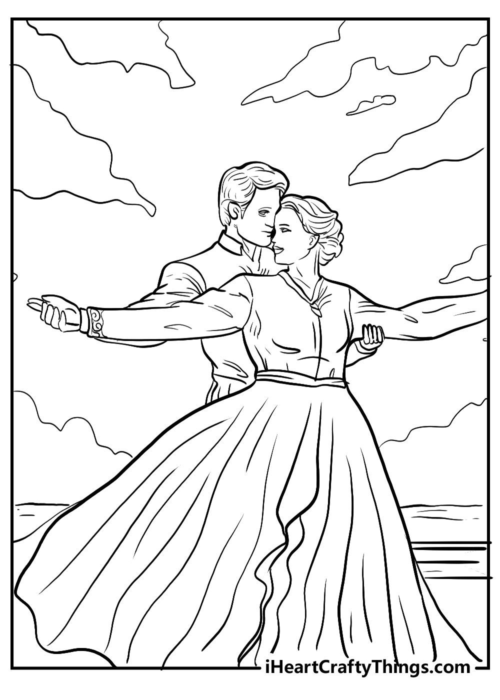 Coloring page of the most iconic scene from Titanic film of Jack and Rose standing with their arms extended