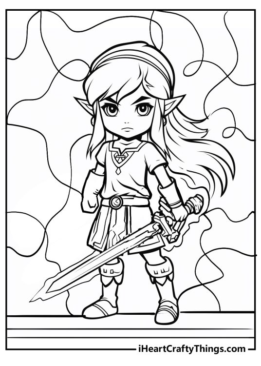 Zelda-themed printable featuring Link drawn in a stylized cartoony form with wavy lines in the background