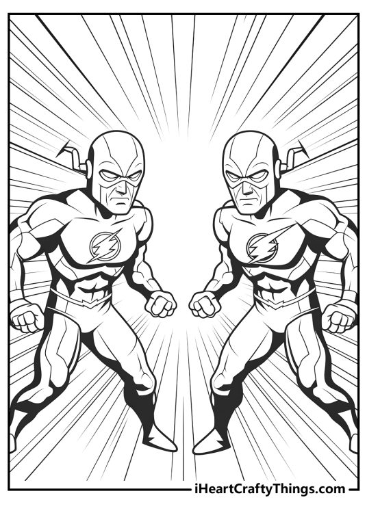 Detailed printable picture to color featuring two instances of an evil version of The Flash