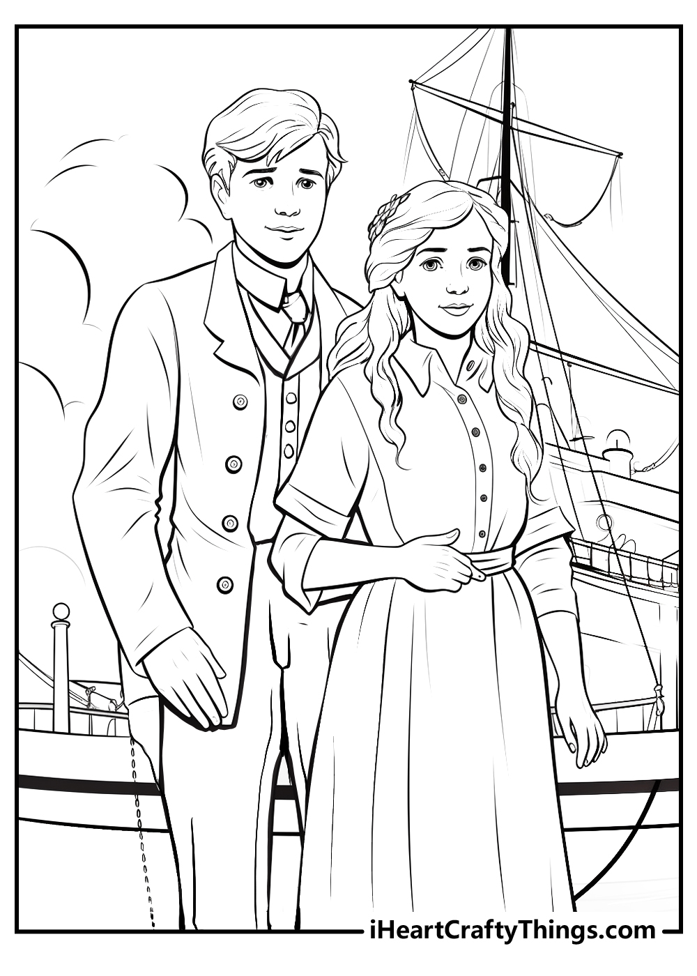 Detailed printable poster depicting lovely couple enjoying their time on deck of the Titanic