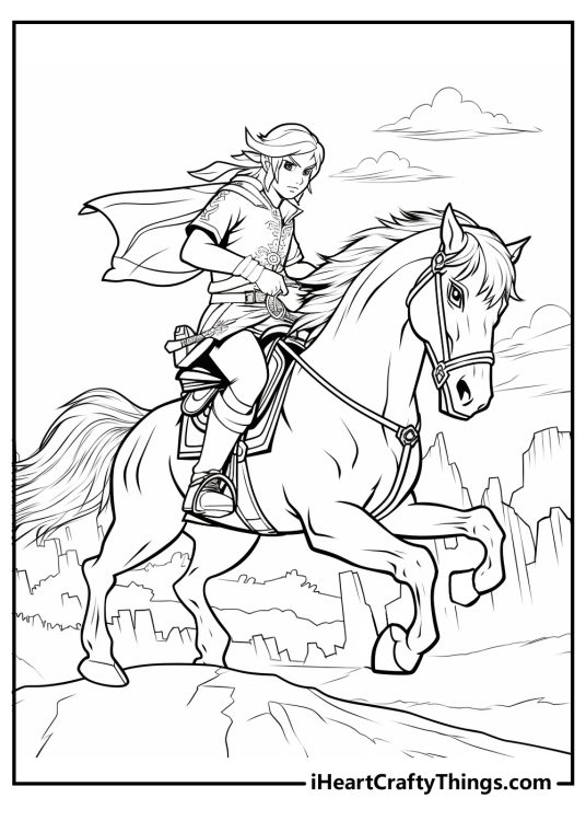 Detailed black-and-white printable page featuring Link riding his majestic horse