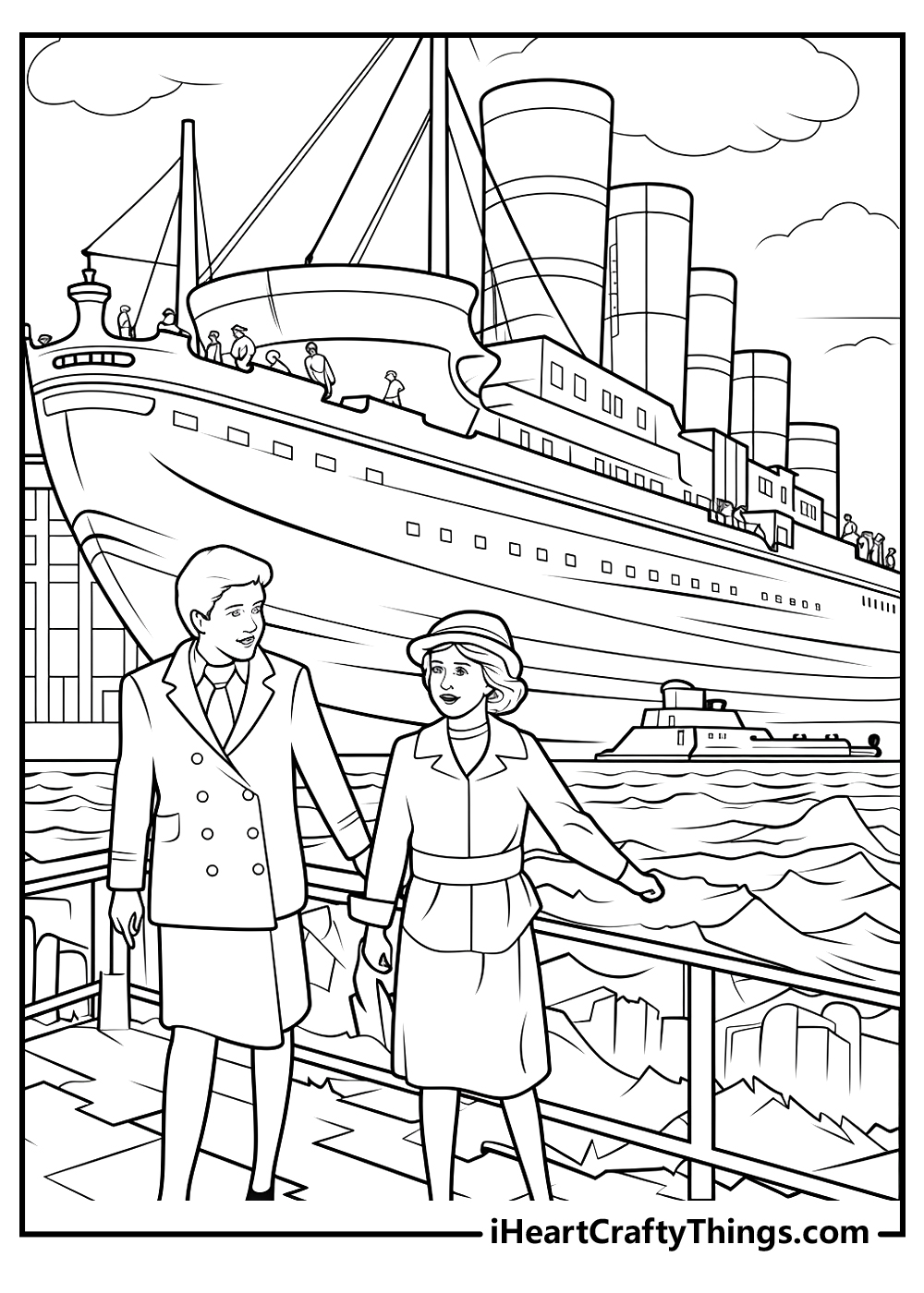 Titanic-themed picture with ship in the background and two ladies sharing a conversation in the foreground