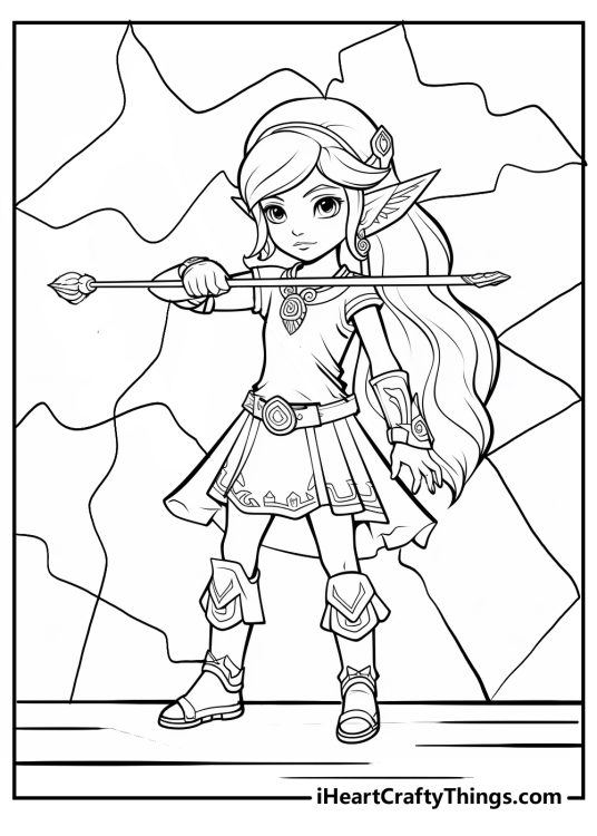 Coloring sheet featuring pretty depiction of Princess Zelda posing in front of segmented background