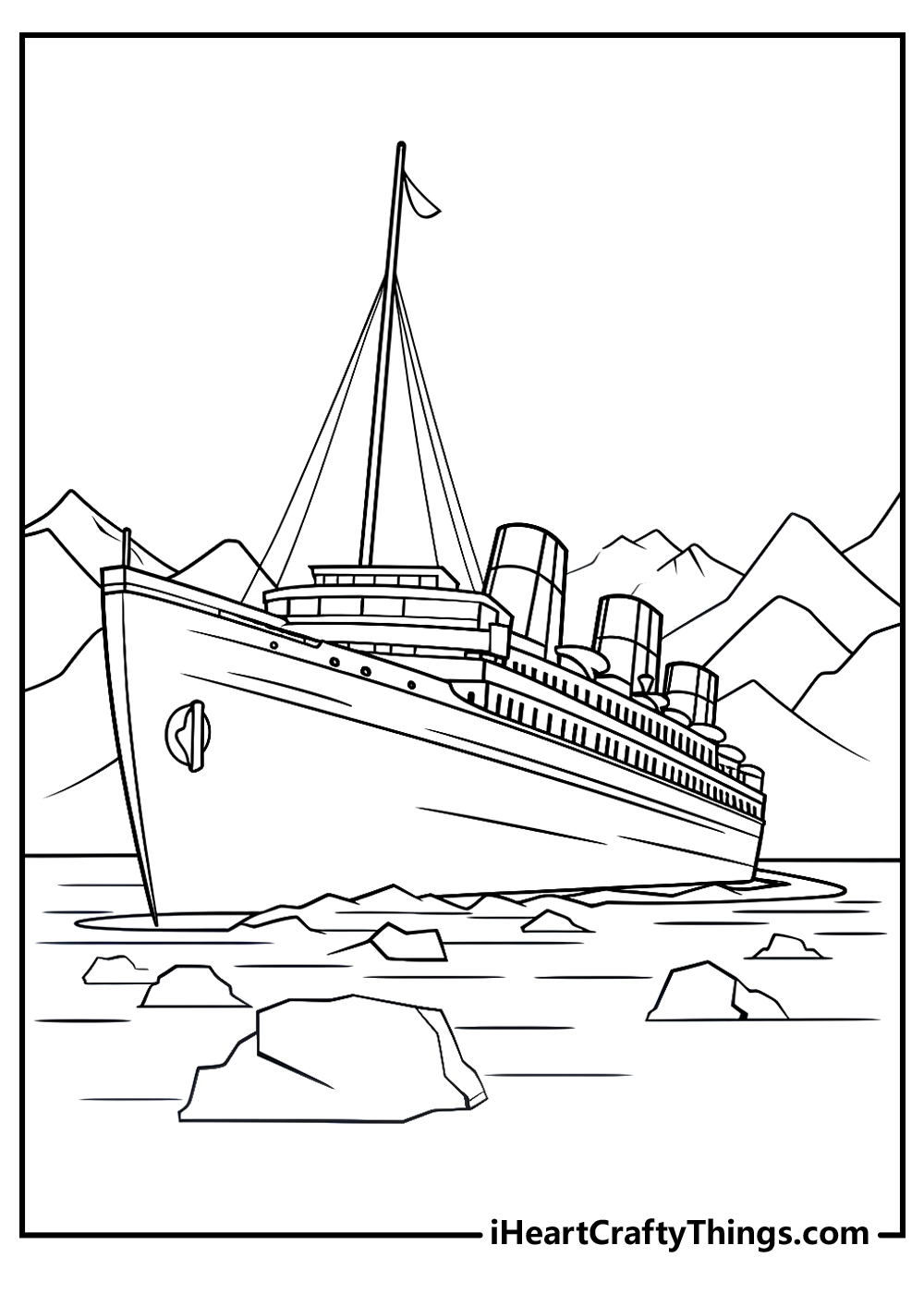 Titanic coloring printable presenting ship in its final moments before colliding with the iceberg