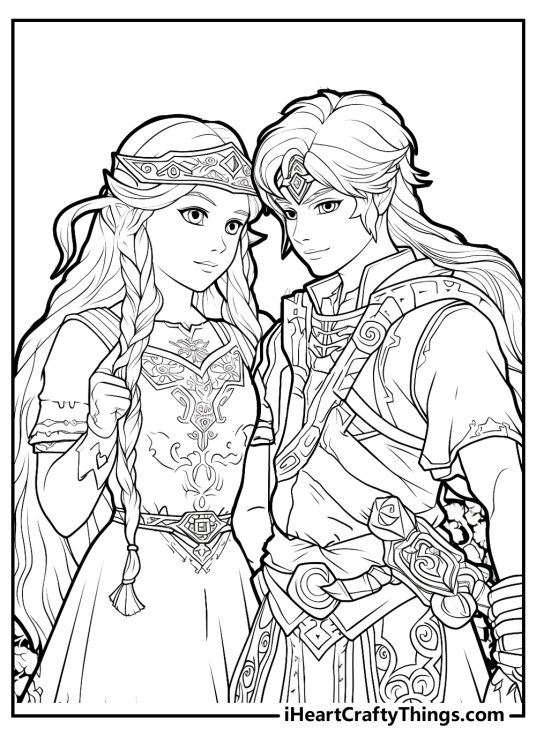 Free pdf to print and color featuring incredibly detailed picture of Link and Zelda