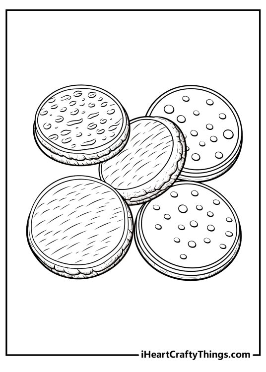 Cookies-themed coloring printable presenting five round cookies with unique patterns