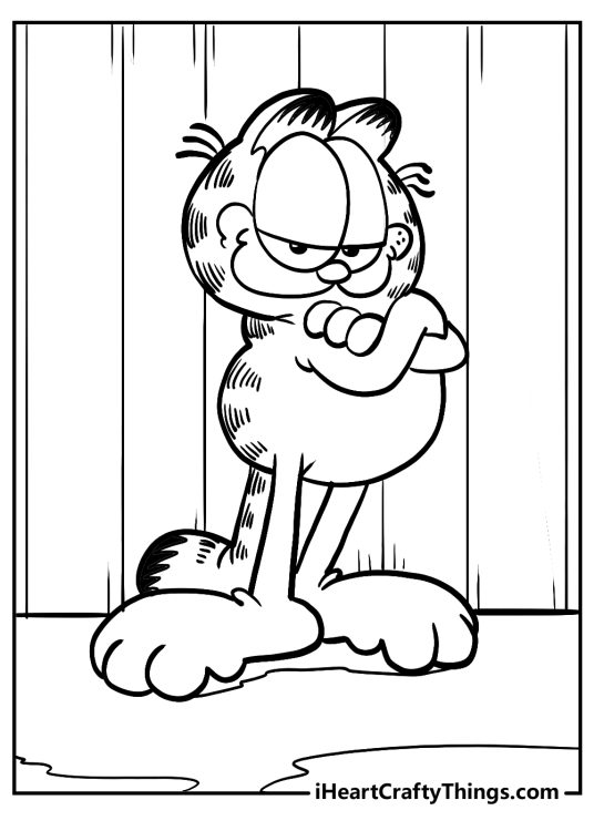 Coloring drawing featuring Garfield posing proudly with arms crossed on its chest