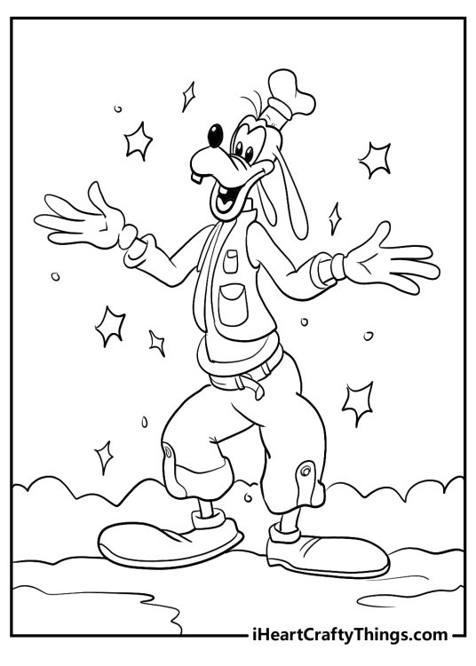 Printable coloring sheet for kids showing happy-looking Goofy surrounded by many stars