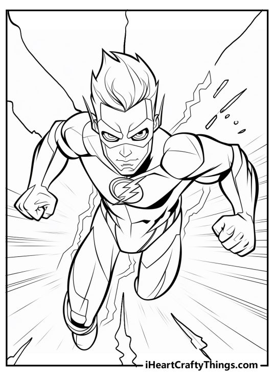 Highly detailed coloring picture presenting an iconic speedster The Flash running at full speed
