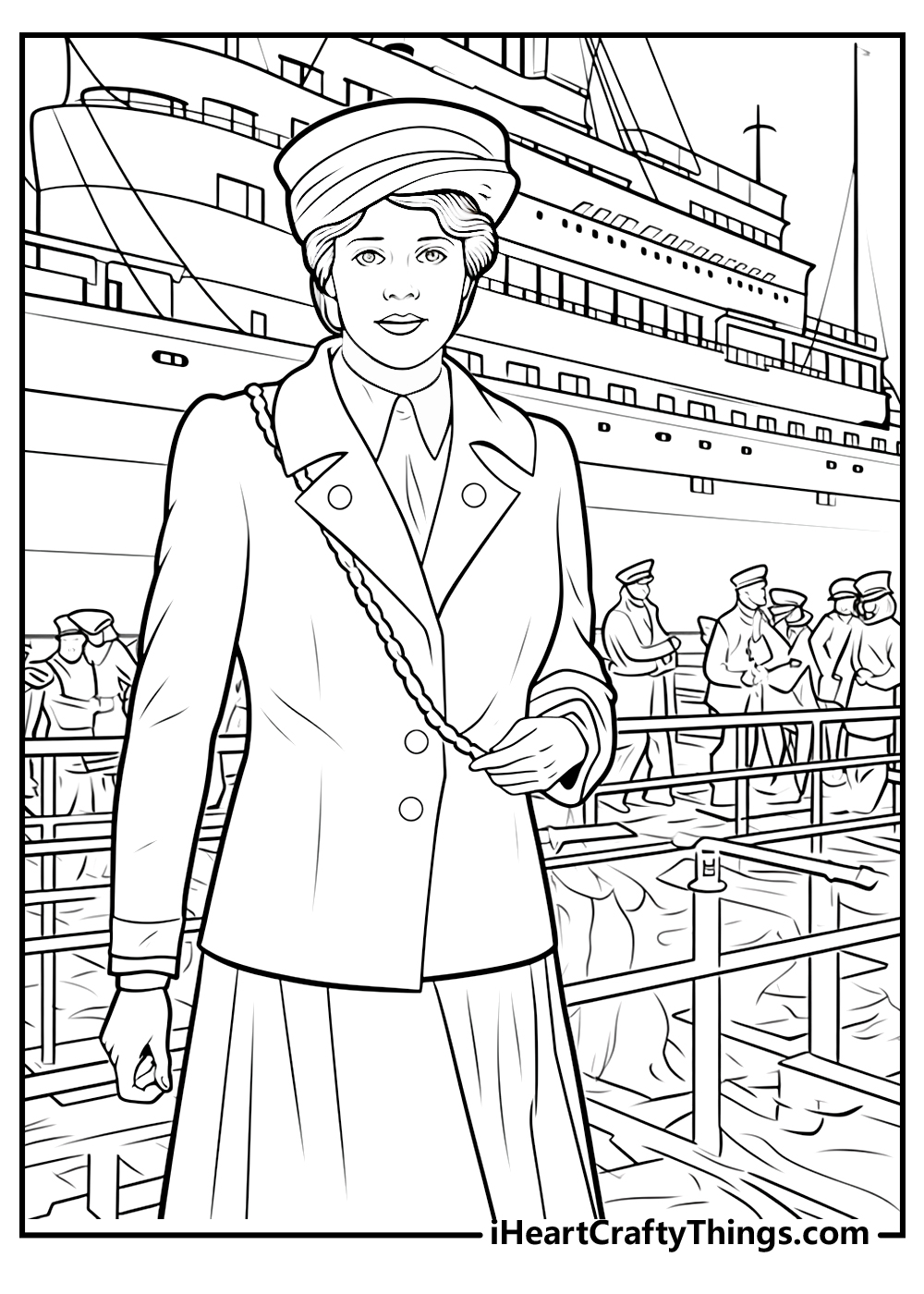 Coloring page of a fancy rich lady with sailors busy working to get ready for the voyage and a Titanic behind her