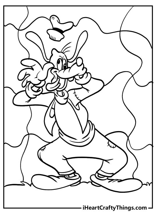 Coloring page featuring silly-looking character Goofy with wavy lines in the background
