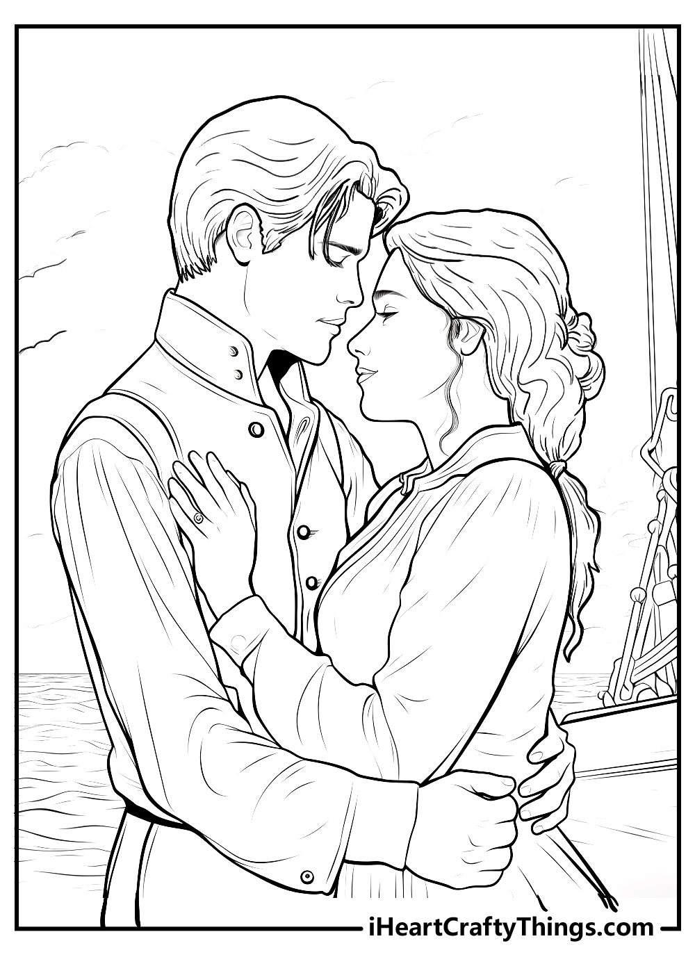 Detailed Titanic-themed image featuring two characters from the film Rose and Jack hugging each other