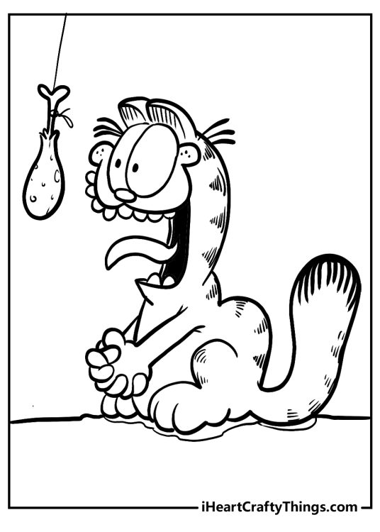Picture capturing Garfield ready to eat a tasty chicken drumstick dangling from a string