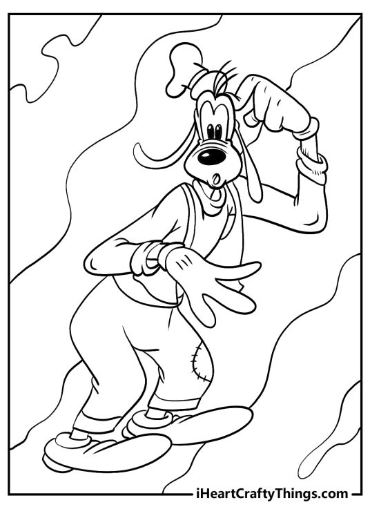 Coloring page capturing Goofy looking a bit confused as he is scratching his head