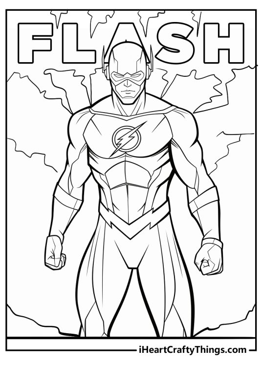 The Flash-themed coloring picture presenting word Flash written in block letters above the character