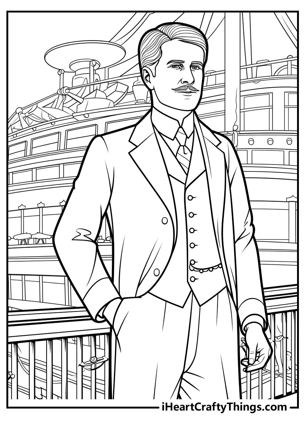 Detailed coloring sheet for adults featuring fancy man standing on the deck of the Titanic