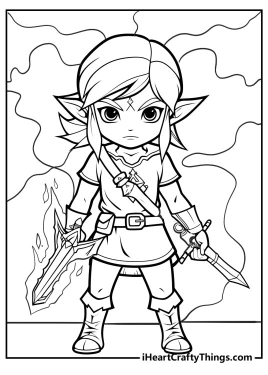 Zelda-themed coloring image presenting a fierce portrayal of Link drawn in a cartoony style