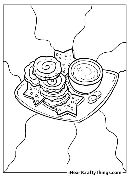 Printable page to color presenting square plate with cookies and a mug with hot beverage on it