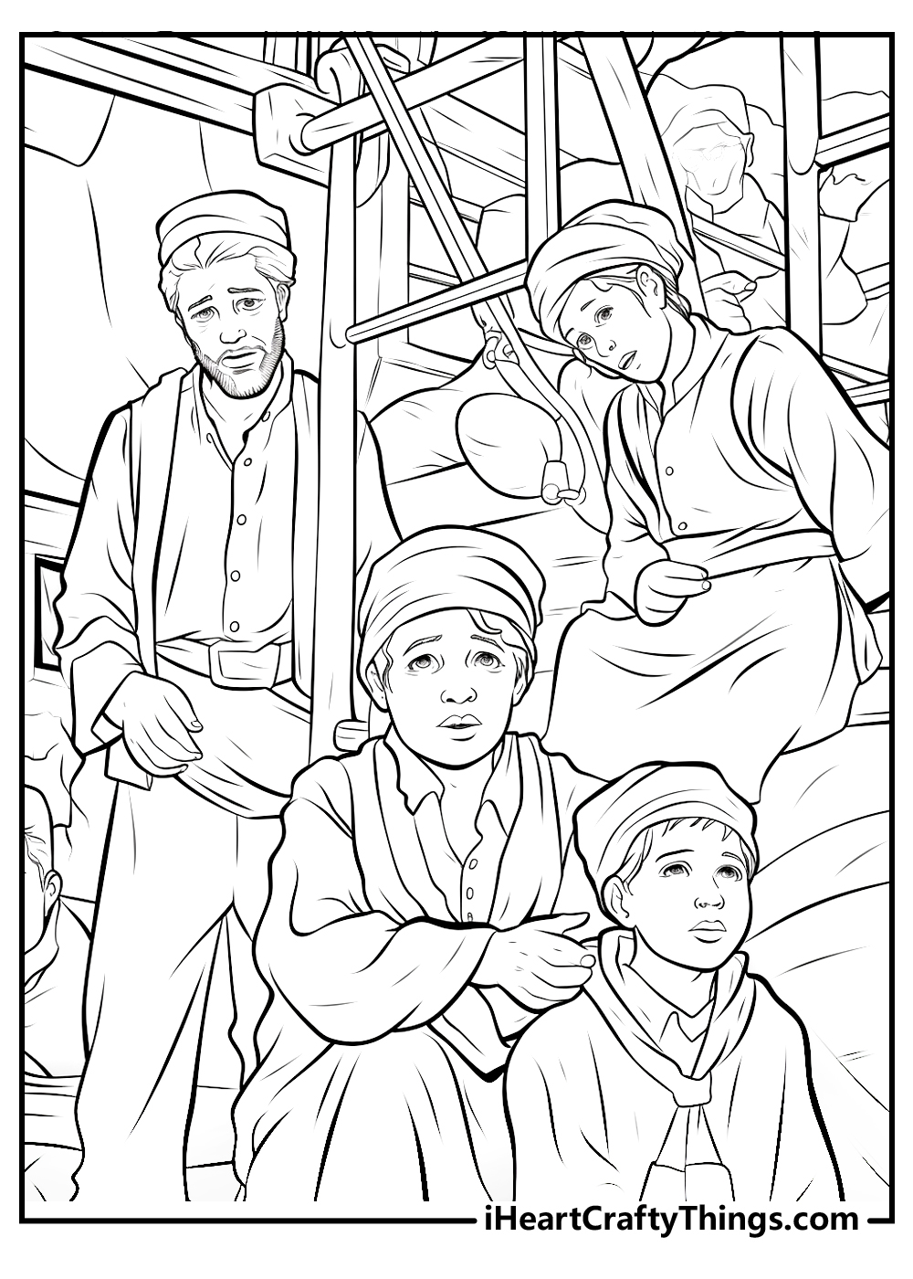 Detailed Titanic coloring printable depicting cramped conditions and third class passengers