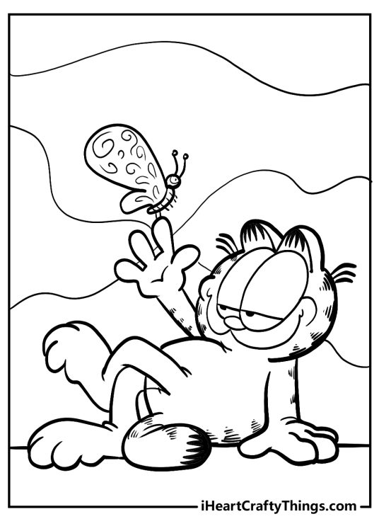 Printable coloring picture featuring lazy Garfield laying and playing with a butterfly