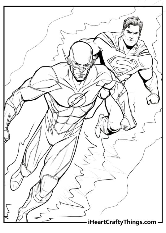 Detailed printable coloring poster presenting The Flash joined by the iconic Superman