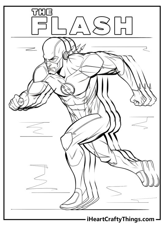 Coloring poster for children featuring words The Flash written above the running character