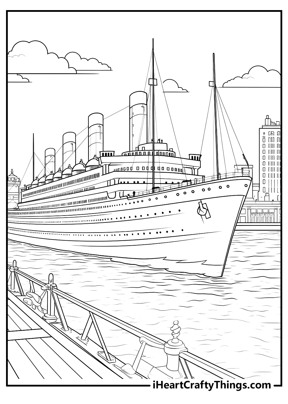 Detailed coloring sheet presenting majestic ship Titanic at the port with buildings in the background