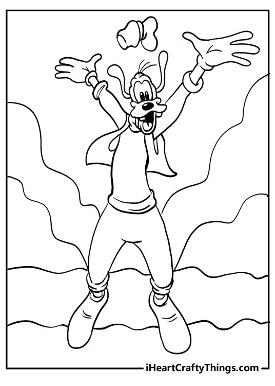 Printable drawing for children featuring joyful Goofy happily jumping in the air