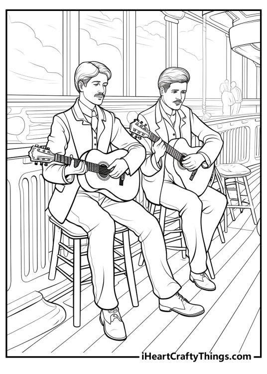 Free Titanic coloring printable featuring two musicians playing guitars to entertain guests on the voyage