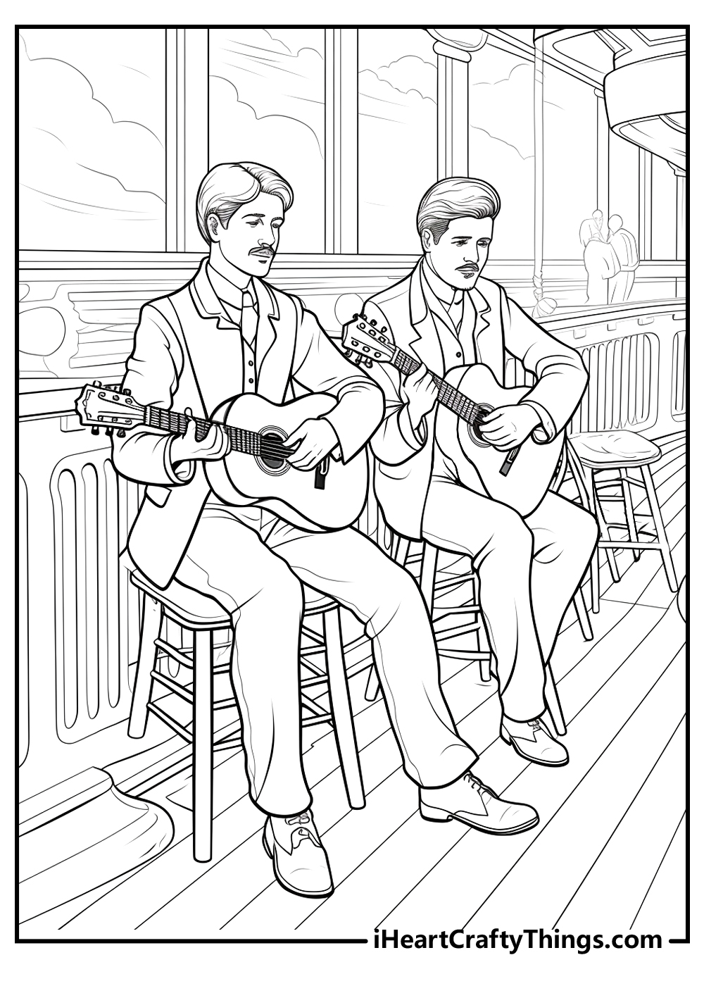 Free Titanic coloring printable featuring two musicians playing guitars to entertain guests on the voyage