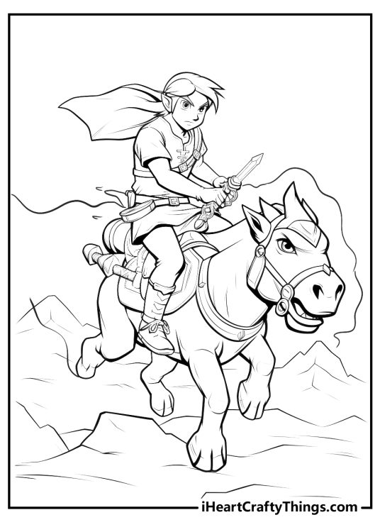 Zelda-themed printable coloring sheet presenting Link riding into battle with courage and conviction