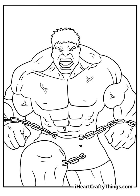 Incredible Hulk coloring sheet with Hulk tearing chains apart