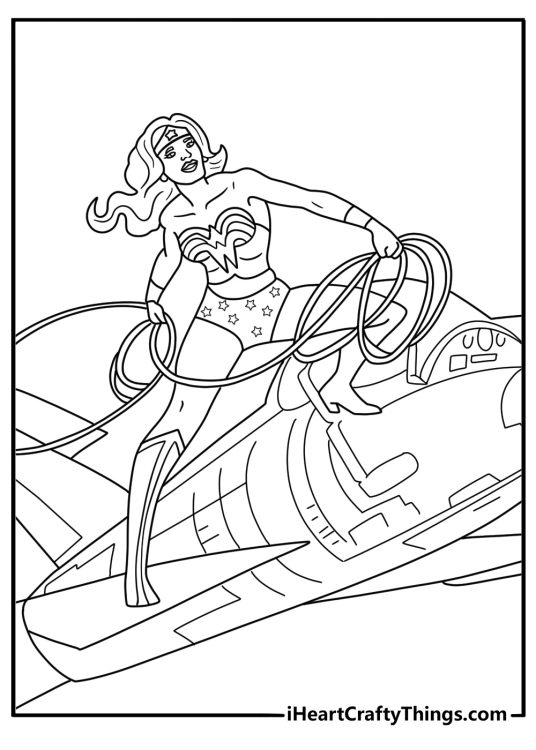 Invisible jet cockpit view Wonder Woman as pilot coloring sheet for teens