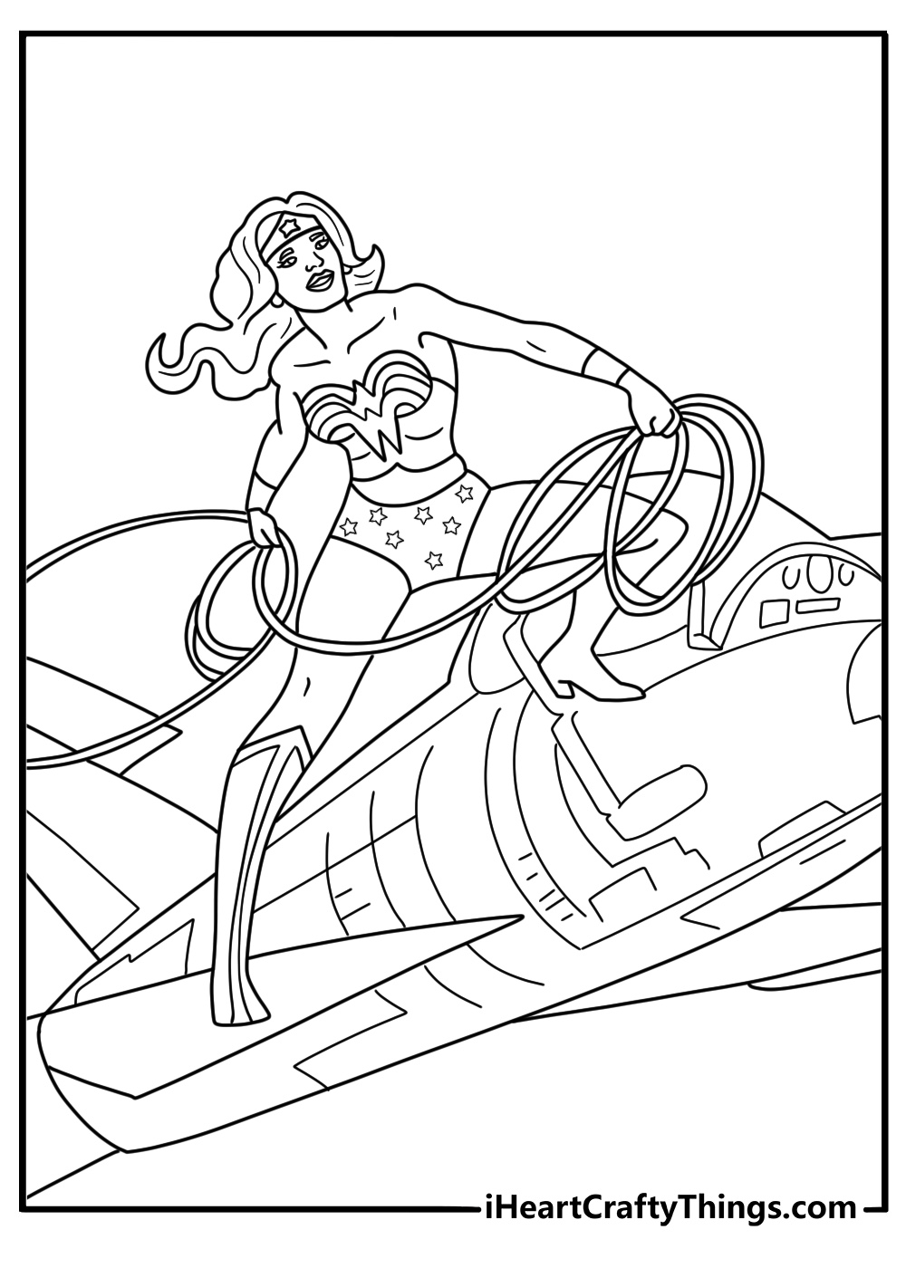 Invisible jet cockpit view Wonder Woman as pilot coloring sheet for teens