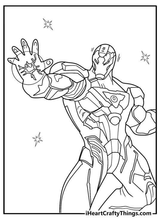 Iron Man detailed superhero coloring pdf download with armored hero firing repulsor beam