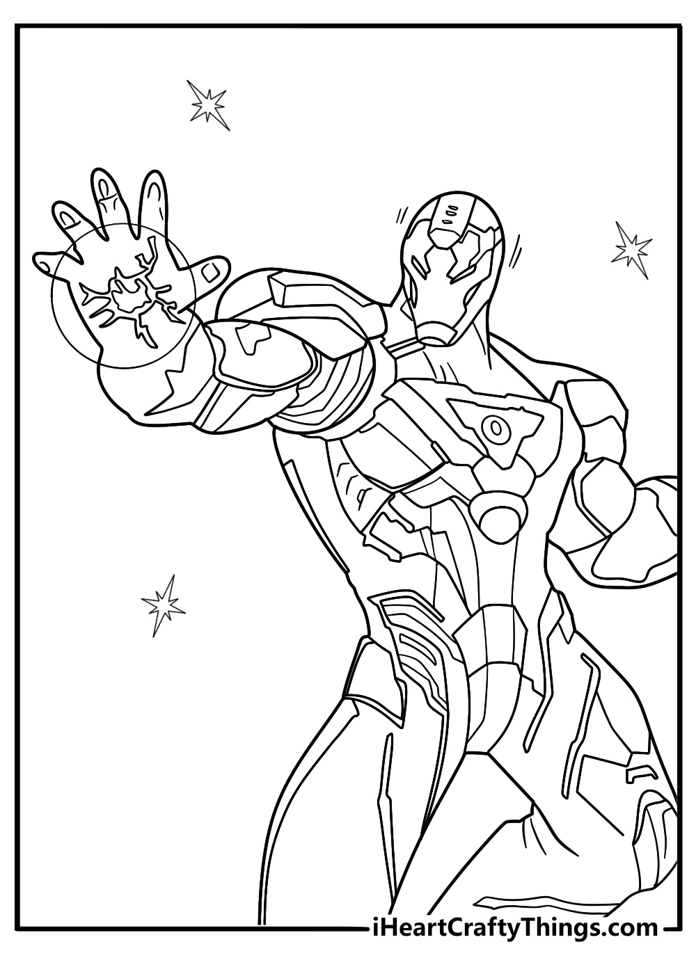 Iron Man detailed superhero coloring pdf download with armored hero firing repulsor beam