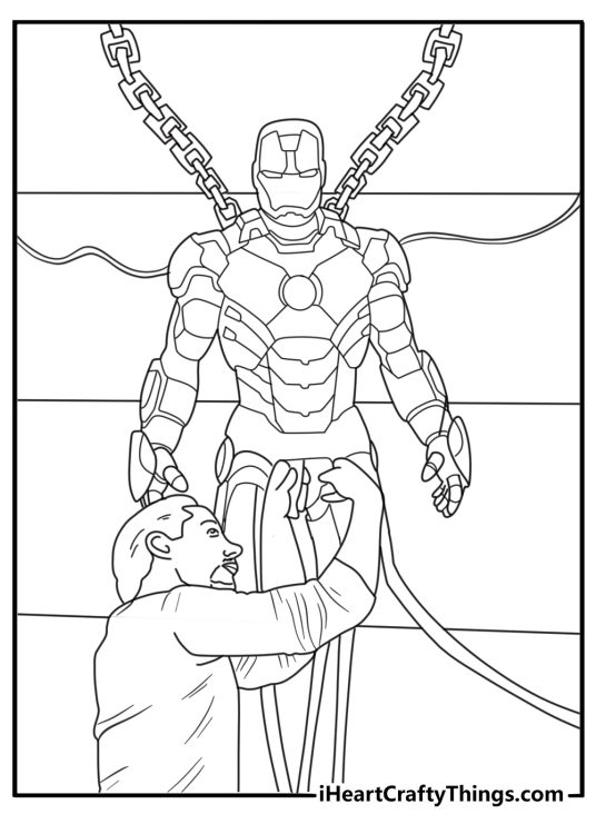 Iron Man workshop scene repairing armor coloring page printable pdf