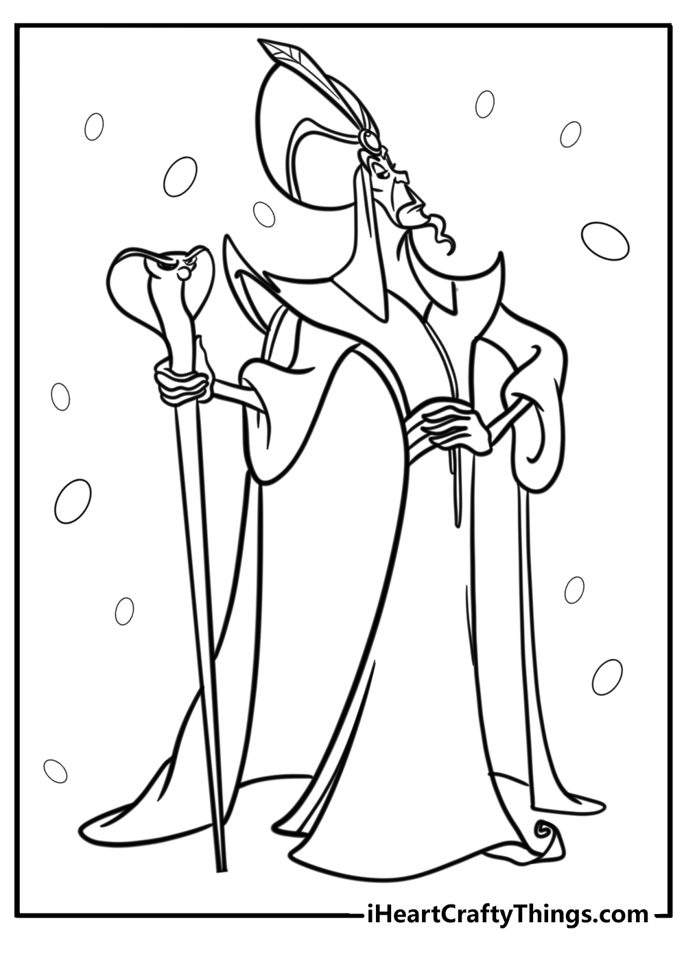 Jafar holding his staff fun Aladdin coloring sheet for kids