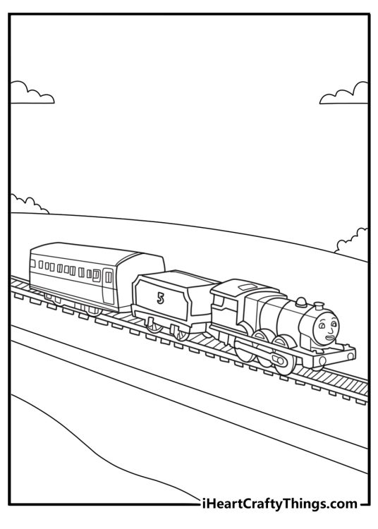 James pulling red coaches over a high viaduct coloring page for kids