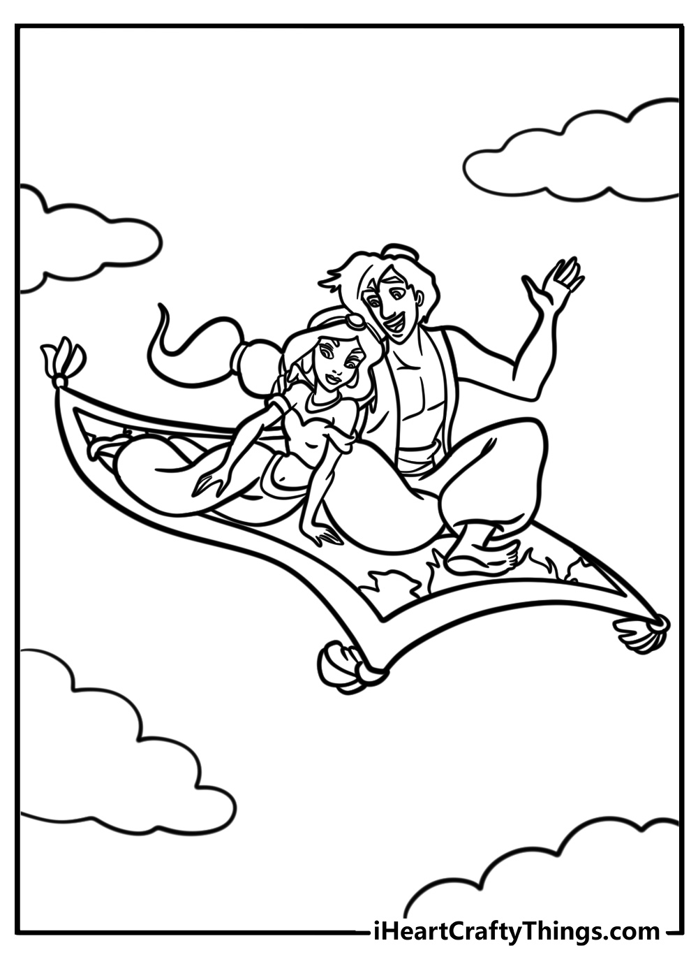 Jasmine and Aladdin flying on a magic carpet coloring sheet